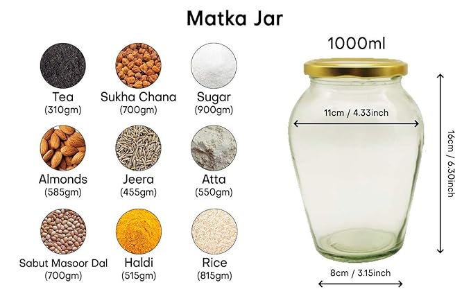 Niya Trendz Matka Glass Pot Jar With Air Tight Lid Golden 2 Piece (1000 ML)
