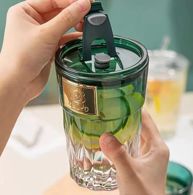 Niya Trendz Glass Sippe with Lid Straw Reusable Any Drinks Stylish Glass Mug (Multi Color) (400 ML)(Pack Of 1)