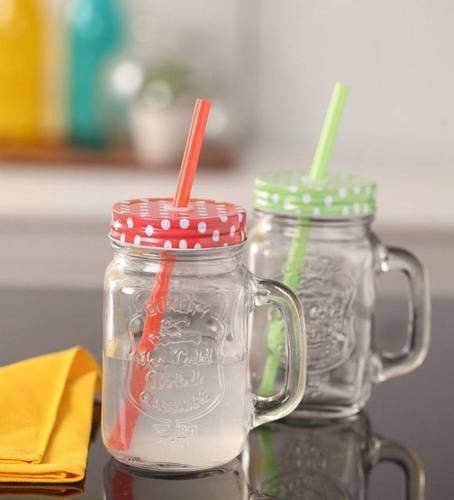 NIYA TRENDZ Glass Mason Jar with Handle And Air-Tight Lids, Straw, (Multi Color) (Pack Of 2)