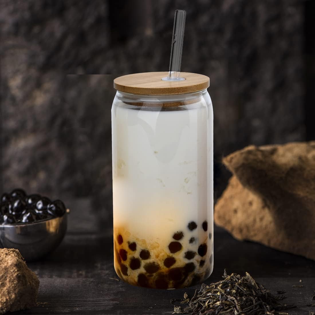 Niya Trendz Beer Can Glass Tumbler with Straw and Wooden Lid, Sipper Mug with Lid (500 ML) (Pack Of 1)