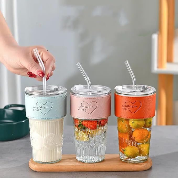 NIYA TRENDZ Glass Tumbler with Leather Grip Multipurpose Drinking Coffee Sipper Mug with Lid and Straw (Pack Of 1)