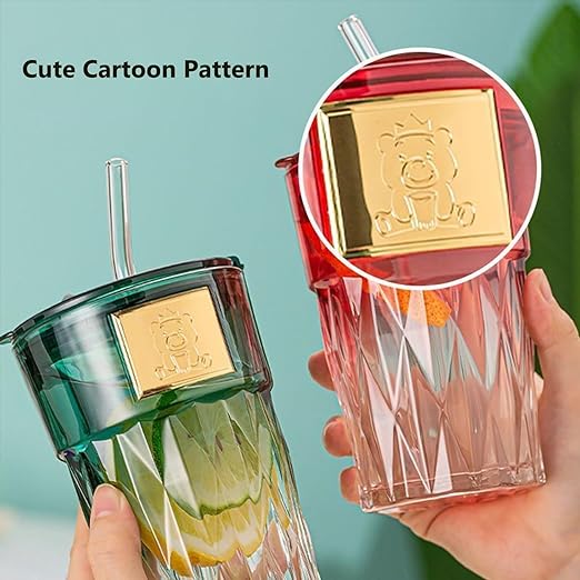 Niya Trendz Glass Sippe with Lid Straw Reusable Any Drinks Stylish Glass Mug (Multi Color) (400 ML)(Pack Of 1)