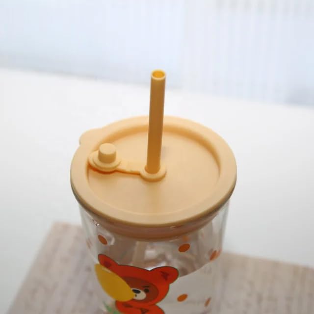 NIYA TRENDZ Glass Sipper with Lid and Straw Tumbler Cartoon Print (Pack Of 1)