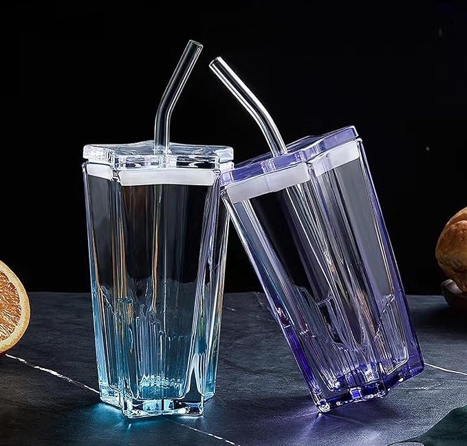 NIYA TRENDZ Sipper Star Shape Mug Creative Glass With Lid, Student Household Straw Water Glass (Multi Color) (400 ML)