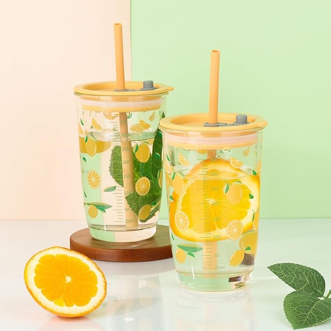 Niya Trendz Re-Usable Glass Tumbler with Airtight Lid and Straw Pack of 1 (400 ML)