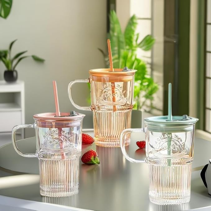 NIYA TRENDZ Cute Panda Embossed Glass Mug with Lid, Handle, and Straw, Colorful Iced Coffee (Pack Of 1)