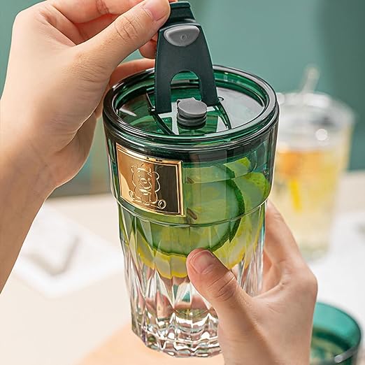 Niya Trendz Glass Sippe with Lid Straw Reusable Any Drinks Stylish Glass Mug (Multi Color) (400 ML)(Pack Of 1)