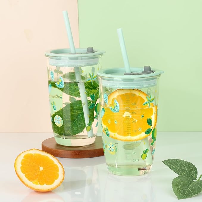 Niya Trendz Re-Usable Glass Tumbler with Airtight Lid and Straw Pack of 1 (400 ML)