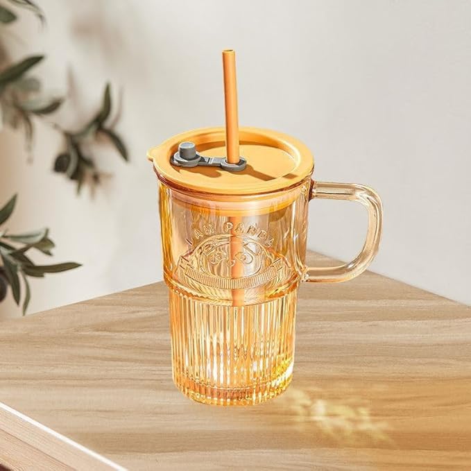 NIYA TRENDZ Cute Panda Embossed Glass Mug with Lid, Handle, and Straw, Colorful Iced Coffee (Pack Of 1)