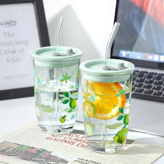 Niya Trendz Re-Usable Glass Tumbler with Airtight Lid and Straw Pack of 1 (400 ML)