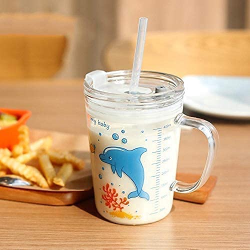 Niya Trendz Random Design, Printed Design Glass Drinking Mug With Handle and Clear Lid with Scale Straw (370 ML)