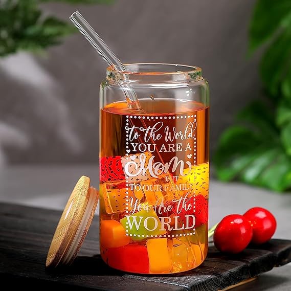 Niya Trendz Beer Can Glass Tumbler with Straw and Wooden Lid, Sipper Mug with Lid (500 ML) (Pack Of 1)