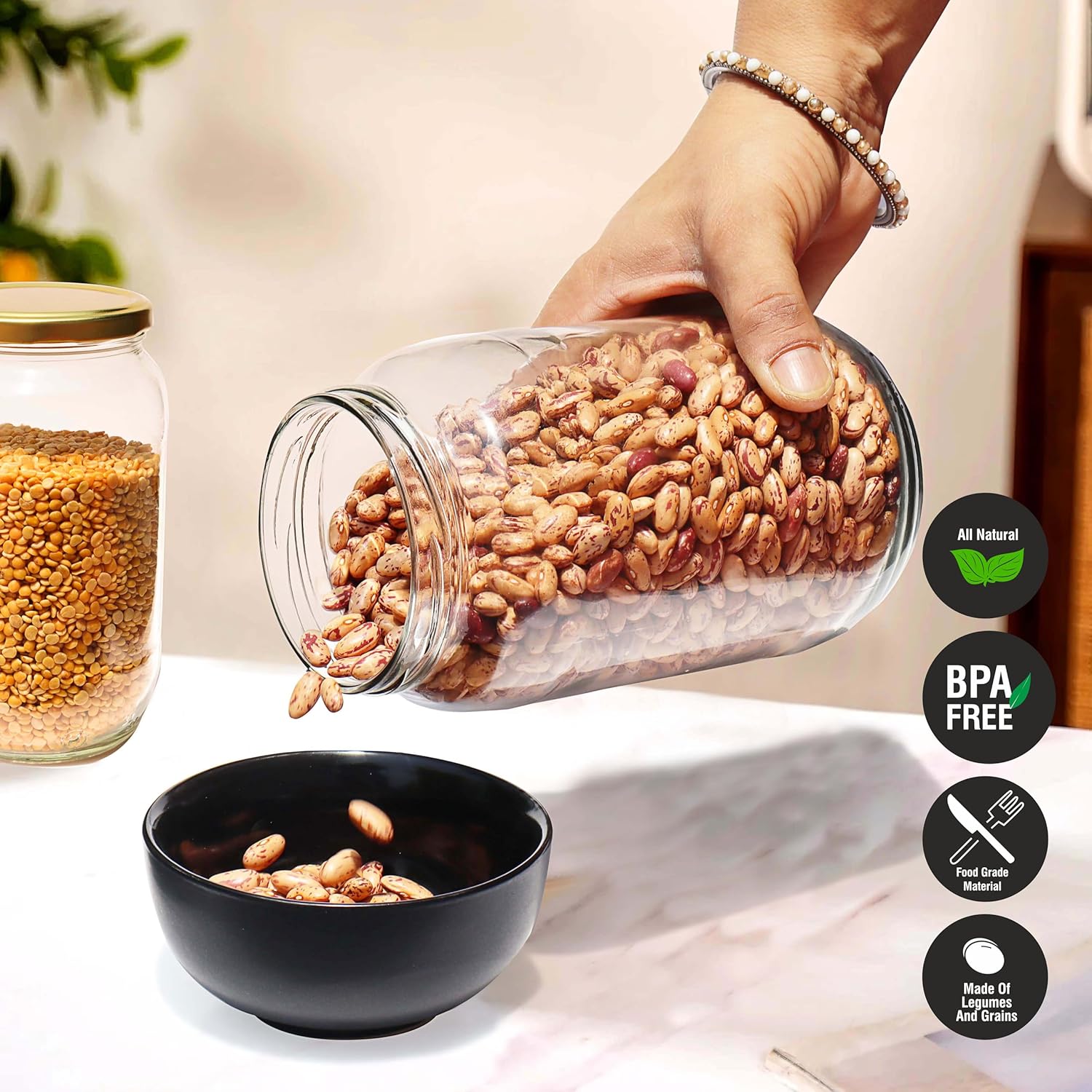 Niya Trendz Glass Pot Jar and Container Kitchen Storage With Air Tight Lid Golden 2 Piece (1000 ML)