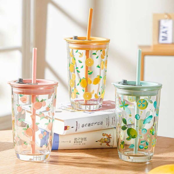 Niya Trendz Re-Usable Glass Tumbler with Airtight Lid and Straw Pack of 1 (400 ML)