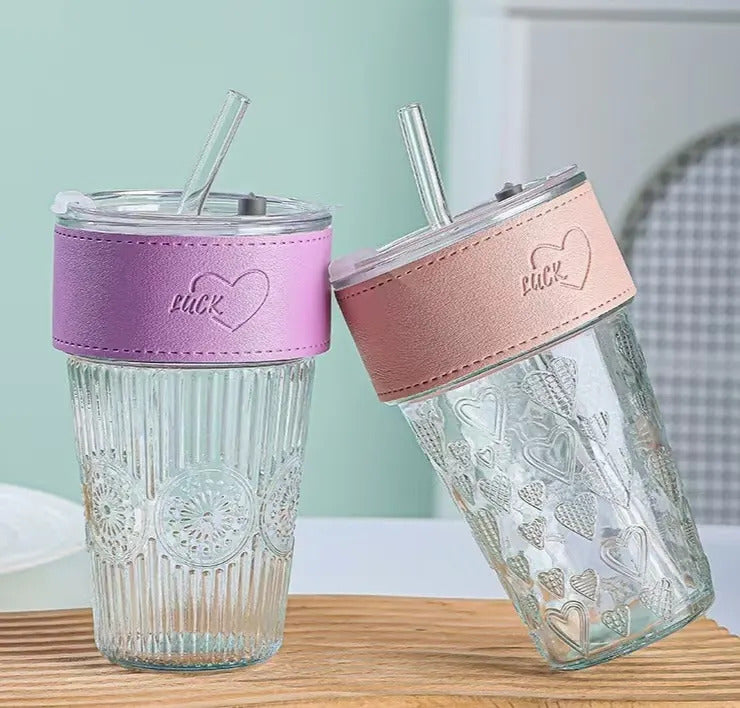 NIYA TRENDZ Glass Tumbler with Leather Grip Multipurpose Drinking Coffee Sipper Mug with Lid and Straw (Pack Of 1)