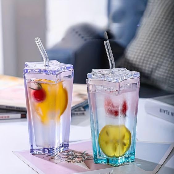 NIYA TRENDZ Sipper Star Shape Mug Creative Glass With Lid, Student Household Straw Water Glass (Multi Color) (400 ML)