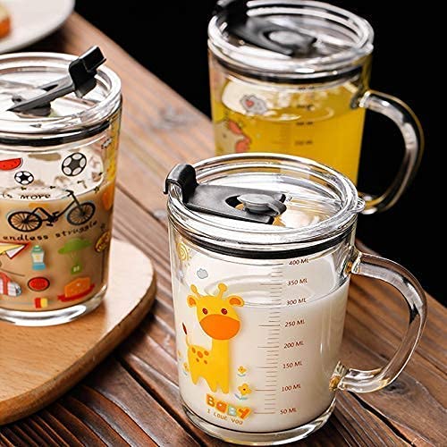 Niya Trendz Random Design, Printed Design Glass Drinking Mug With Handle and Clear Lid with Scale Straw (370 ML)