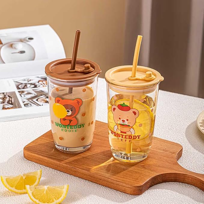 NIYA TRENDZ Glass Sipper with Lid and Straw Tumbler Cartoon Print (Pack Of 1)
