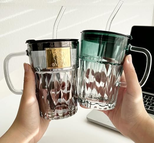 Niya Trendz Glass Travel Tea and Coffee Milk Sipper Mug with Straw and Lid (Multi Color) (400 ML) (Pack Of 1)