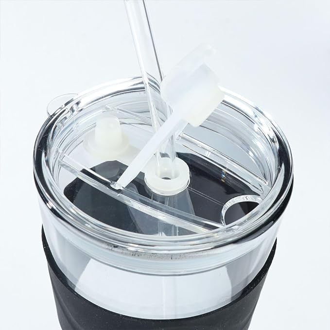 Niya Trendz Glass Coffee Sipper Mug with Leather Grip Clear Drinking Glass with Straws and Lids for Iced Tea, Any Drinks Cups (450 ML) (Pack Of 1)
