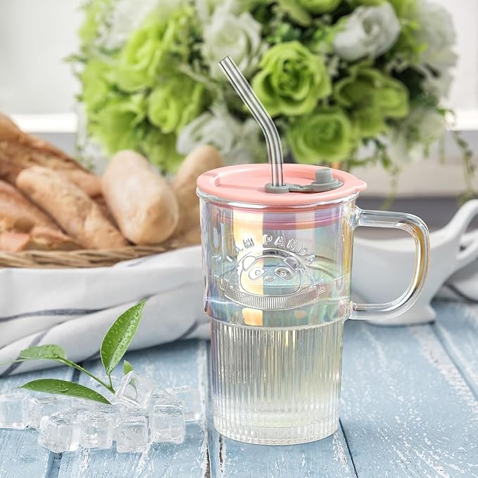 NIYA TRENDZ Cute Panda Embossed Glass Mug with Lid, Handle, and Straw, Colorful Iced Coffee (Pack Of 1)