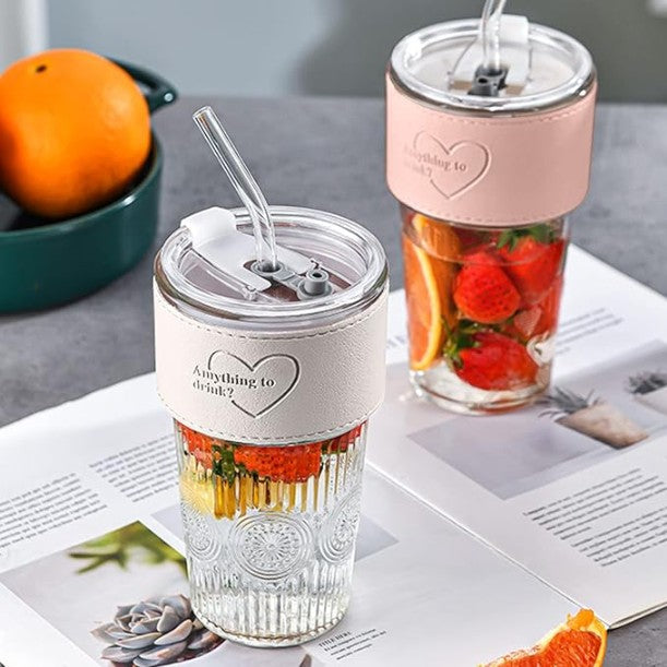 NIYA TRENDZ Glass Tumbler with Leather Grip Multipurpose Drinking Coffee Sipper Mug with Lid and Straw (Pack Of 1)