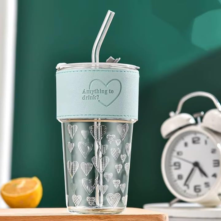 NIYA TRENDZ Glass Tumbler with Leather Grip Multipurpose Drinking Coffee Sipper Mug with Lid and Straw (Pack Of 1)