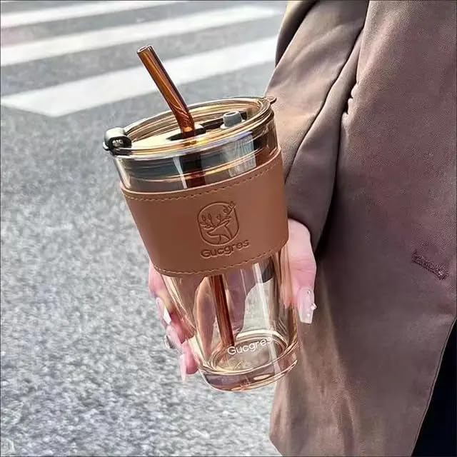 Niya Trendz Glass Coffee Sipper Mug, Glass Kids Milk Sipper Mug with Straw and Lid For Any Drinks Leather Grip (470ML) (Pack Of 1)
