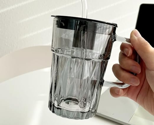 Niya Trendz Glass Travel Tea and Coffee Milk Sipper Mug with Straw and Lid (Multi Color) (400 ML) (Pack Of 1)