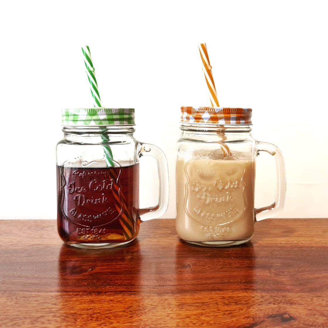 NIYA TRENDZ Glass Mason Jar with Handle And Air-Tight Lids, Straw, (Multi Color) (Pack Of 2)