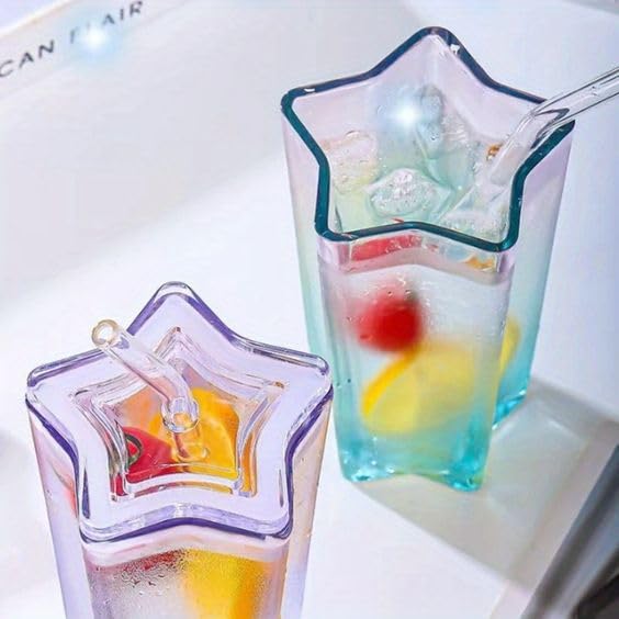 NIYA TRENDZ Sipper Star Shape Mug Creative Glass With Lid, Student Household Straw Water Glass (Multi Color) (400 ML)