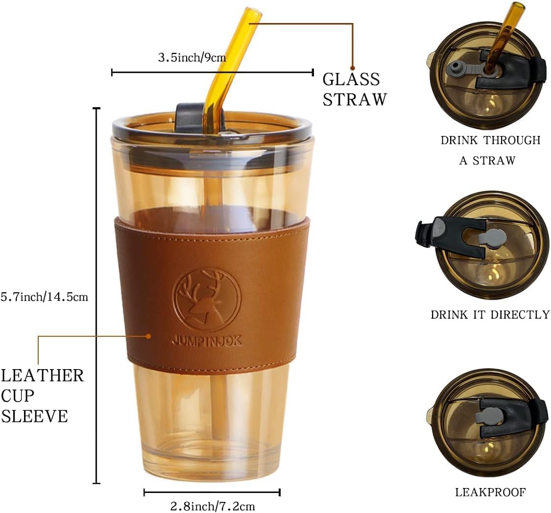 Niya Trendz Glass Coffee Sipper Mug, Glass Kids Milk Sipper Mug with Straw and Lid For Any Drinks Leather Grip (470ML) (Pack Of 1)