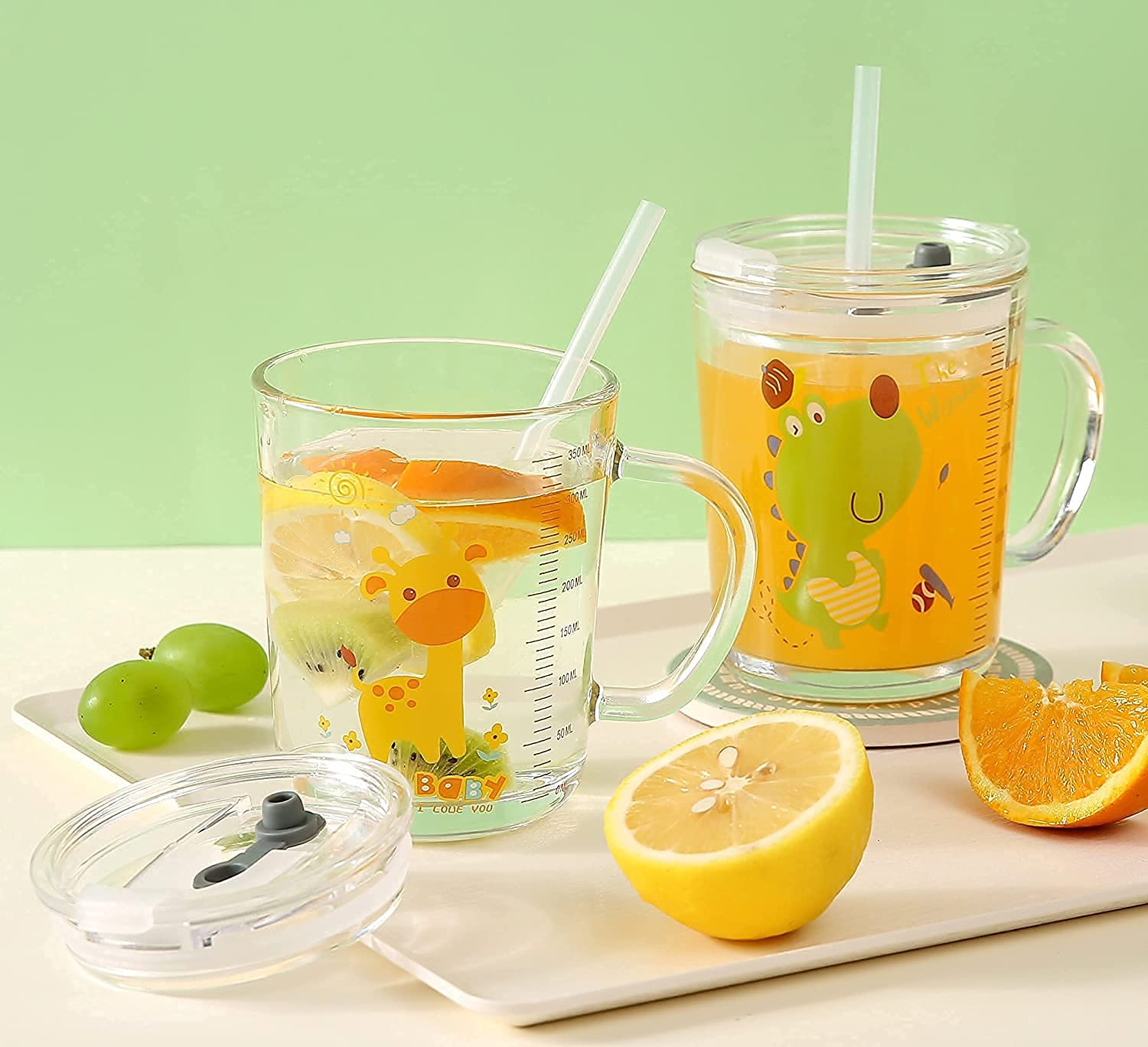 Niya Trendz Random Design, Printed Design Glass Drinking Mug With Handle and Clear Lid with Scale Straw (370 ML)