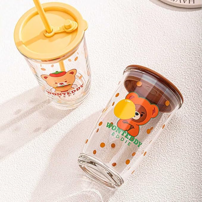 NIYA TRENDZ Glass Sipper with Lid and Straw Tumbler Cartoon Print (Pack Of 1)