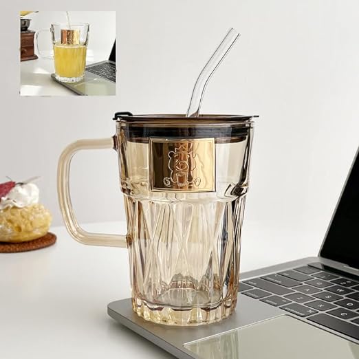 Niya Trendz Glass Travel Tea and Coffee Milk Sipper Mug with Straw and Lid (Multi Color) (400 ML) (Pack Of 1)