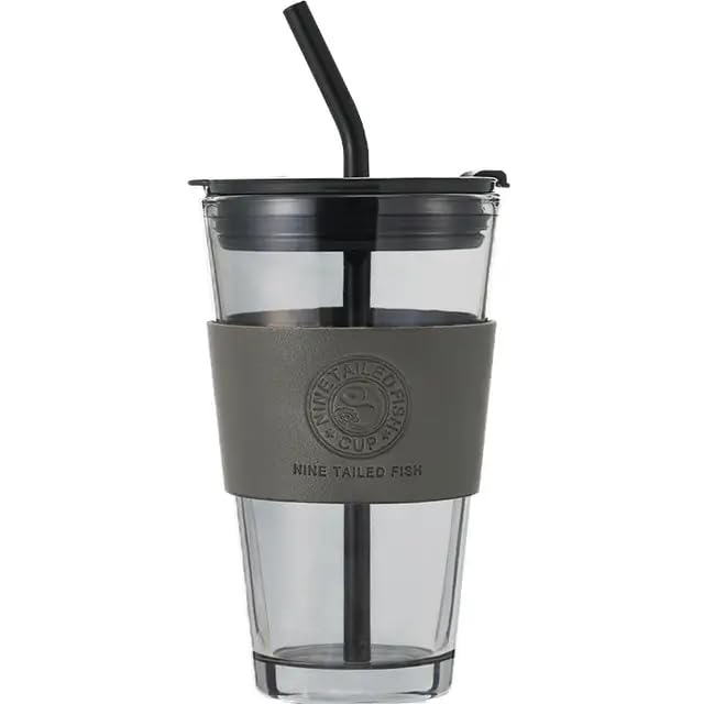 Niya Trendz Glass Coffee Sipper Mug with Leather Grip Clear Drinking Glass with Straws and Lids for Iced Tea, Any Drinks Cups (450 ML) (Pack Of 1)