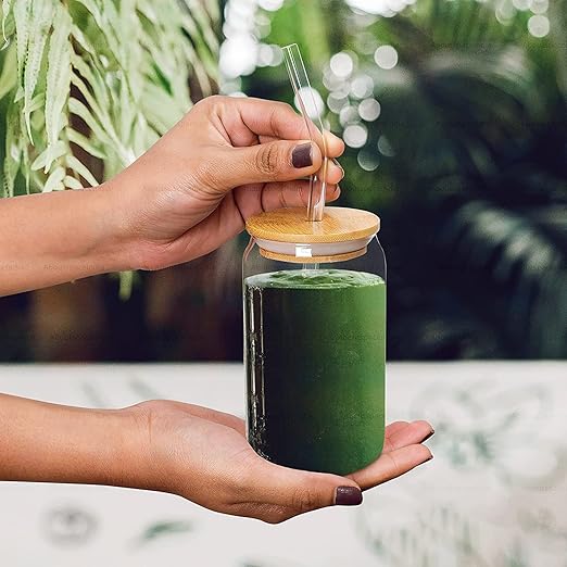 Niya Trendz Beer Can Glass Tumbler with Straw and Wooden Lid, Sipper Mug with Lid (500 ML) (Pack Of 1)