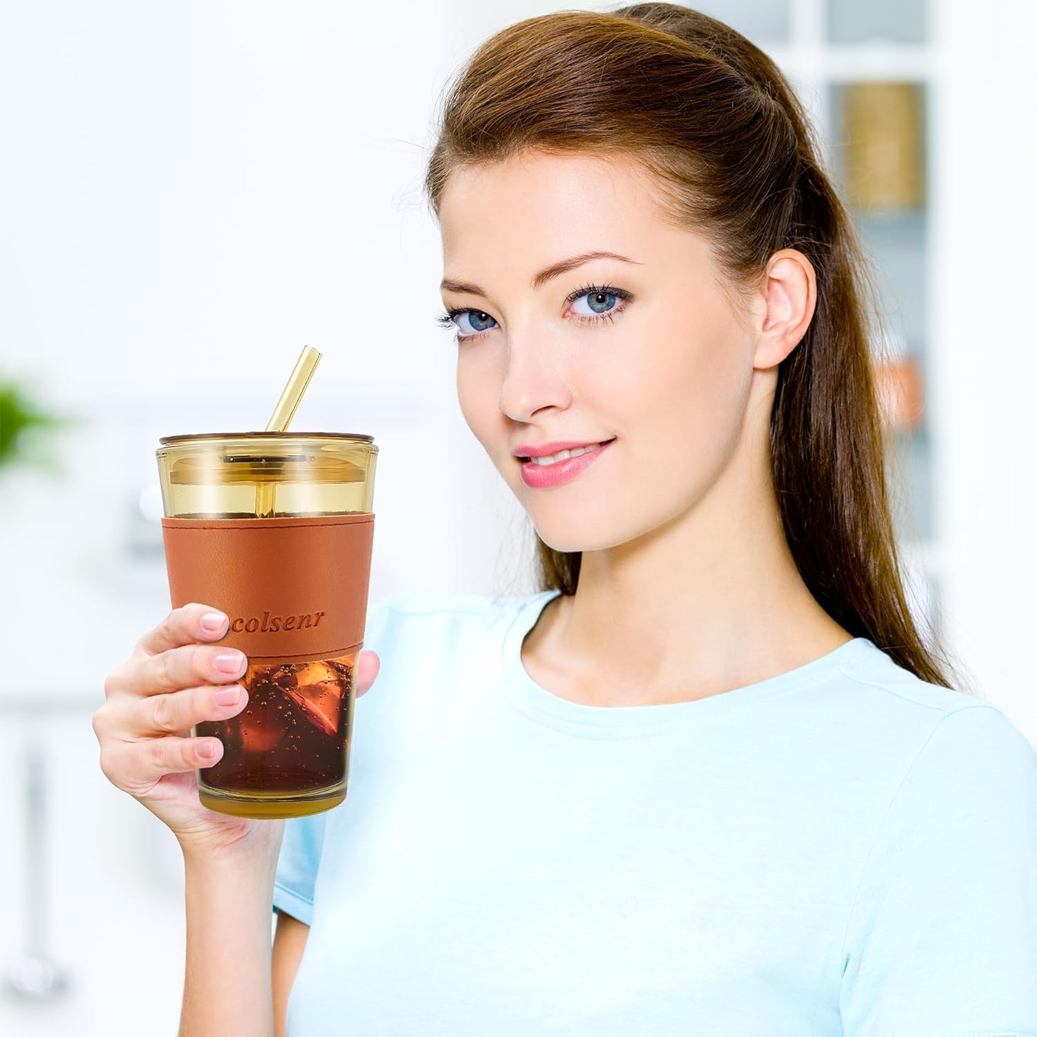 Niya Trendz Glass Coffee Sipper Mug, Glass Kids Milk Sipper Mug with Straw and Lid For Any Drinks Leather Grip (470ML) (Pack Of 1)