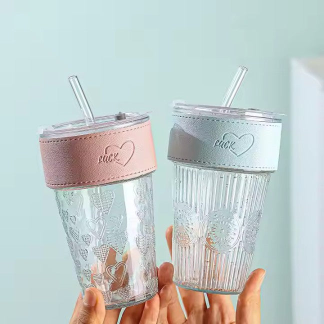 NIYA TRENDZ Glass Tumbler with Leather Grip Multipurpose Drinking Coffee Sipper Mug with Lid and Straw (Pack Of 1)