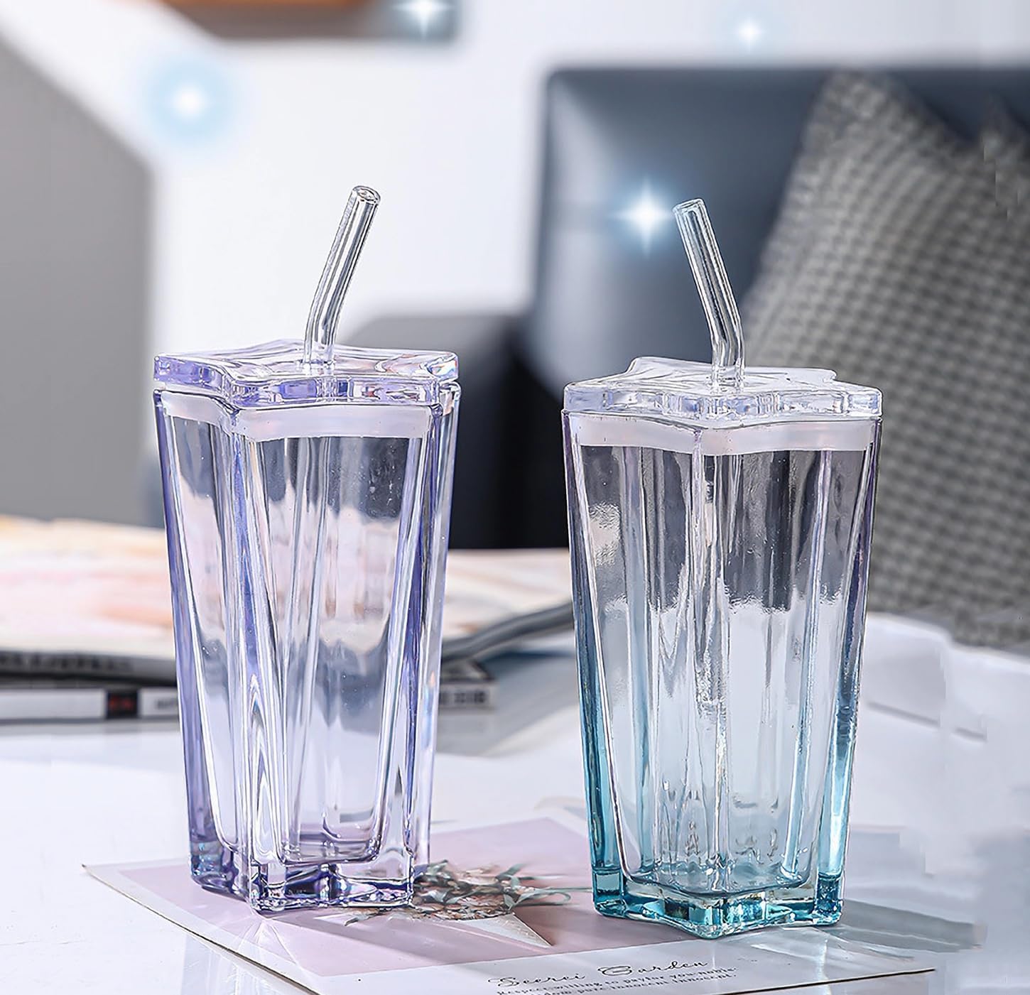 NIYA TRENDZ Sipper Star Shape Mug Creative Glass With Lid, Student Household Straw Water Glass (Multi Color) (400 ML)