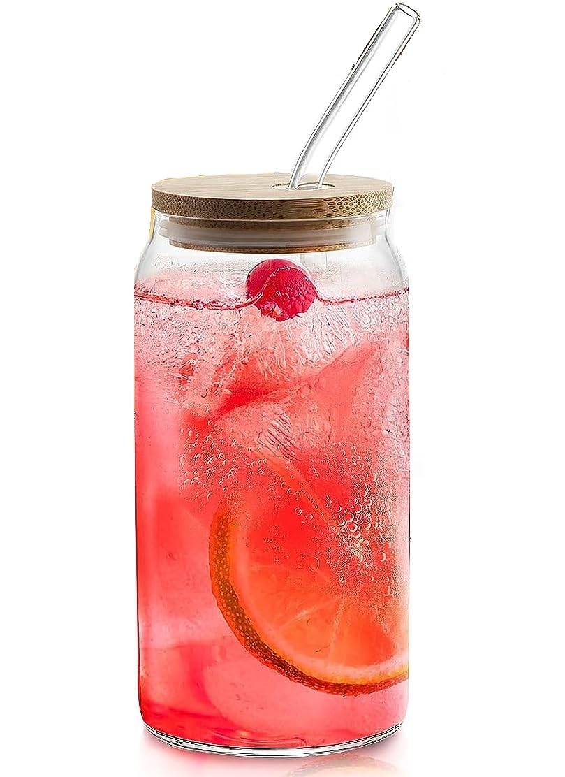 Niya Trendz Beer Can Glass Tumbler with Straw and Wooden Lid, Sipper Mug with Lid (500 ML) (Pack Of 1)