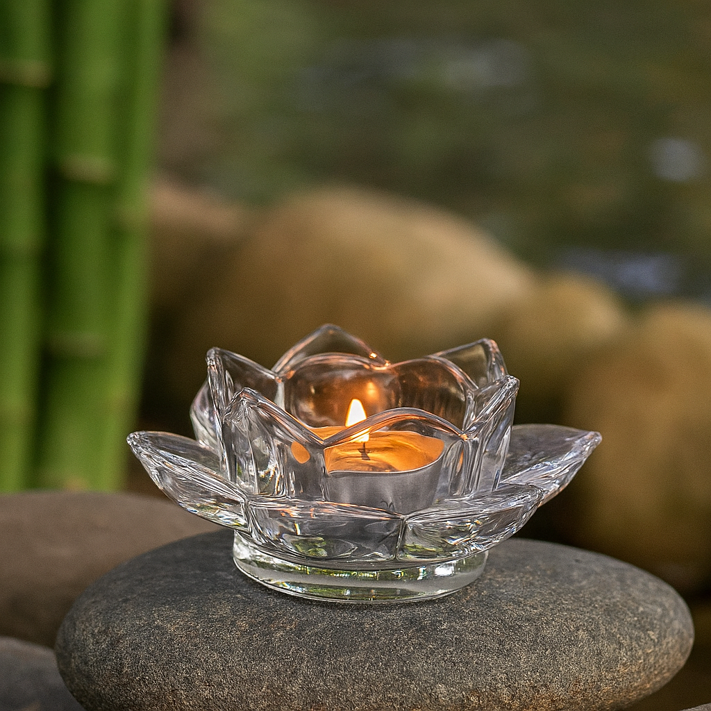 Niya Trendz Transparent Crystal Lotus Candle Holder – Decorative Tea Light Stand for Meditation, Home Décor & Gifting(Pack Of 1 )