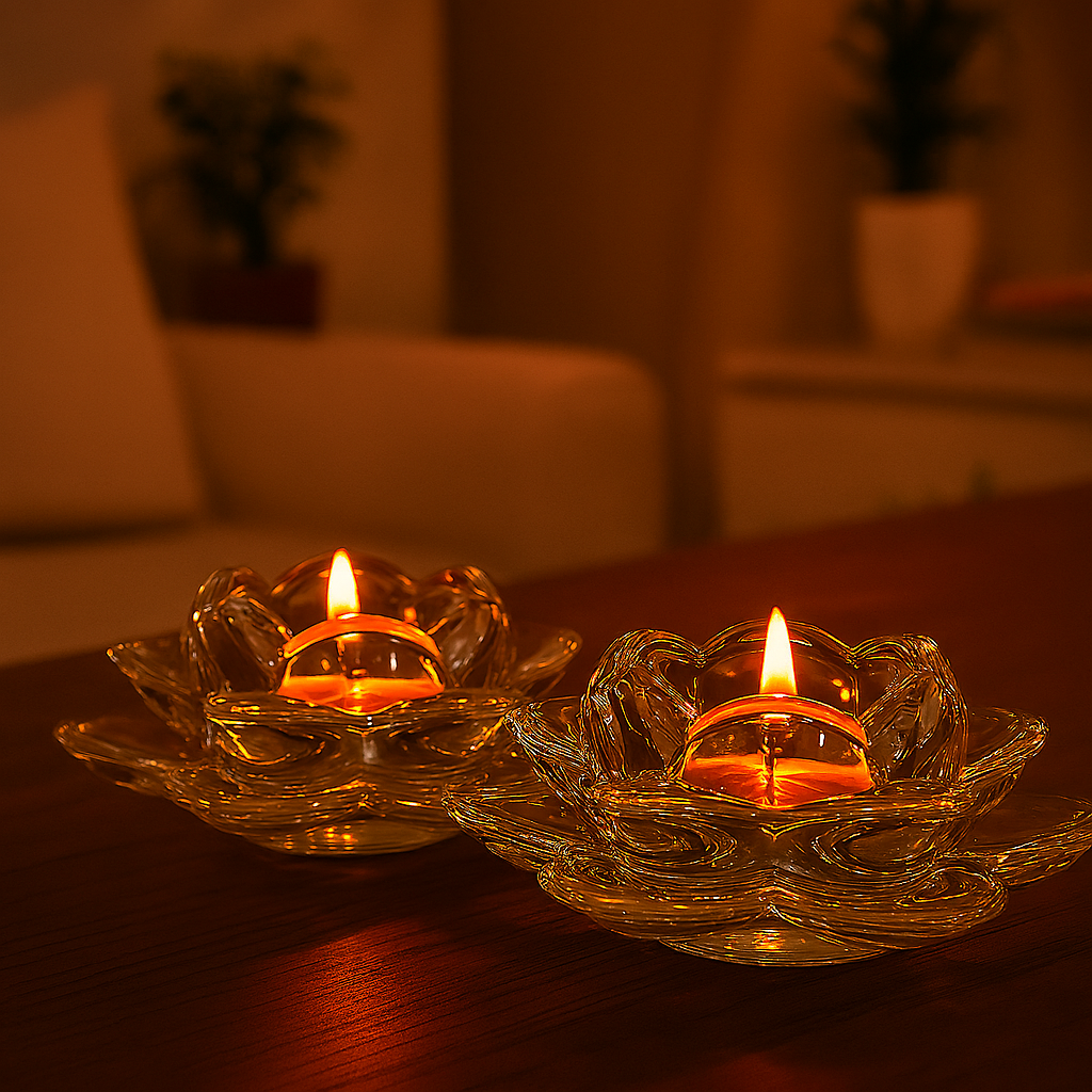 NIYA TRENDZ Premium Glass Lotus Flower Tea Light Candle Holder With Free Candle (Pack Of 2)