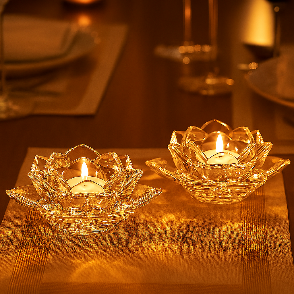 NIYA TRENDZ Premium Glass Lotus Flower Tea Light Candle Holder With Free Candle (Pack Of 2)