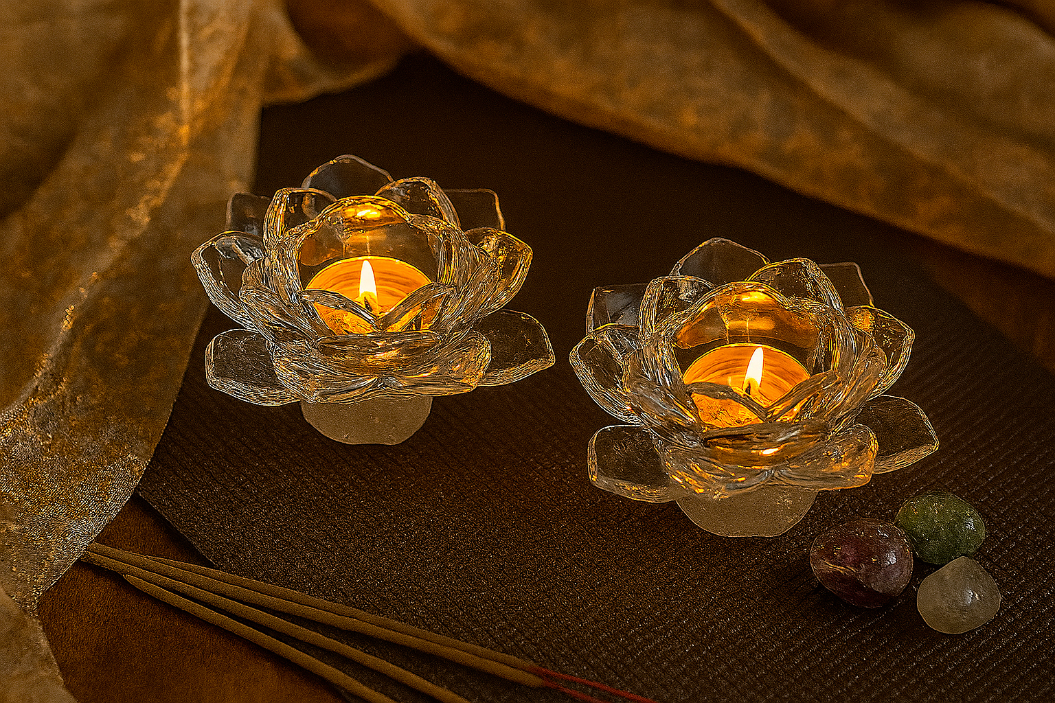 NIYA TRENDZ Premium Glass Lotus Flower Tea Light Candle Holder With Free Candle (Pack Of 2)