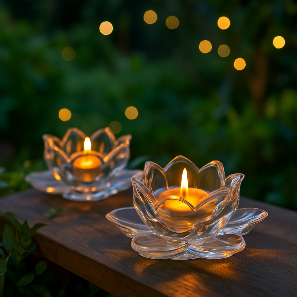 NIYA TRENDZ Premium Glass Lotus Flower Tea Light Candle Holder With Free Candle (Pack Of 2)
