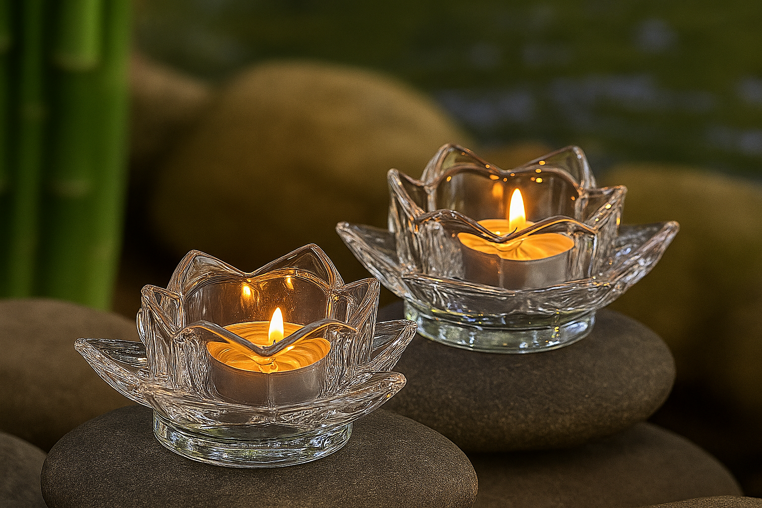 NIYA TRENDZ Premium Glass Lotus Flower Tea Light Candle Holder With Free Candle (Pack Of 2)